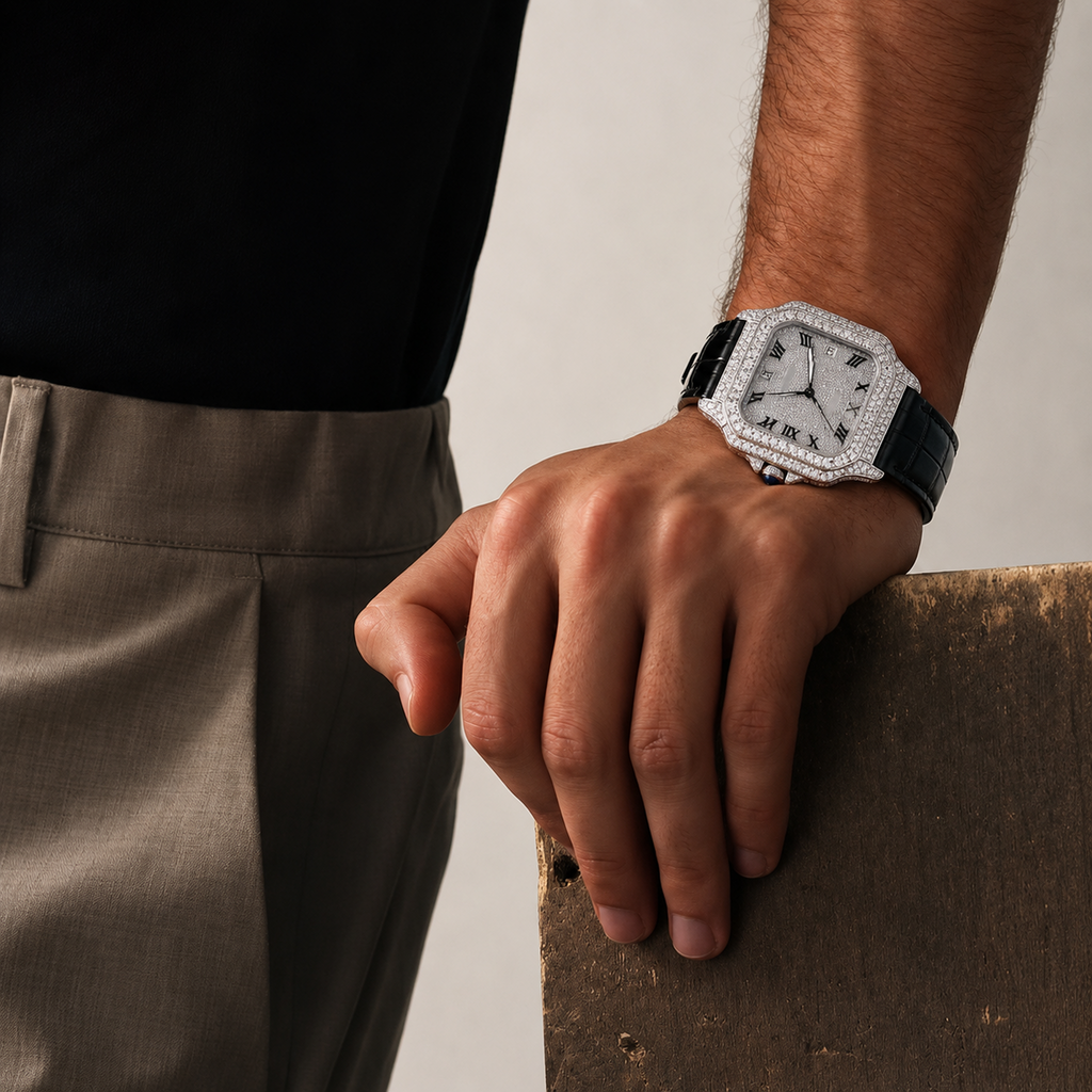 Black Leather Strap Moissanite Watch