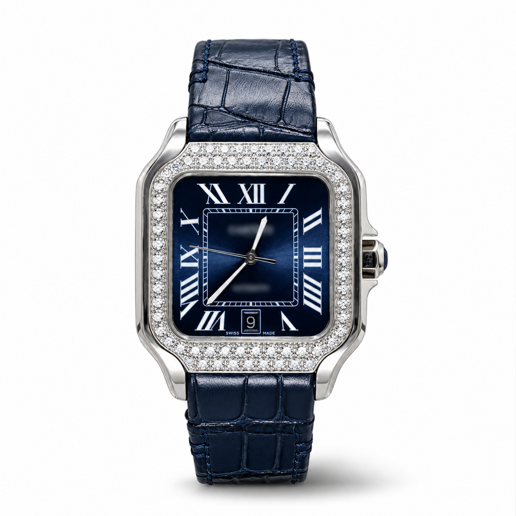 Blue Dial Leather Strap Moissanite Watch