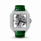 Skeleton Moissanite Watch Green Leather Strap
