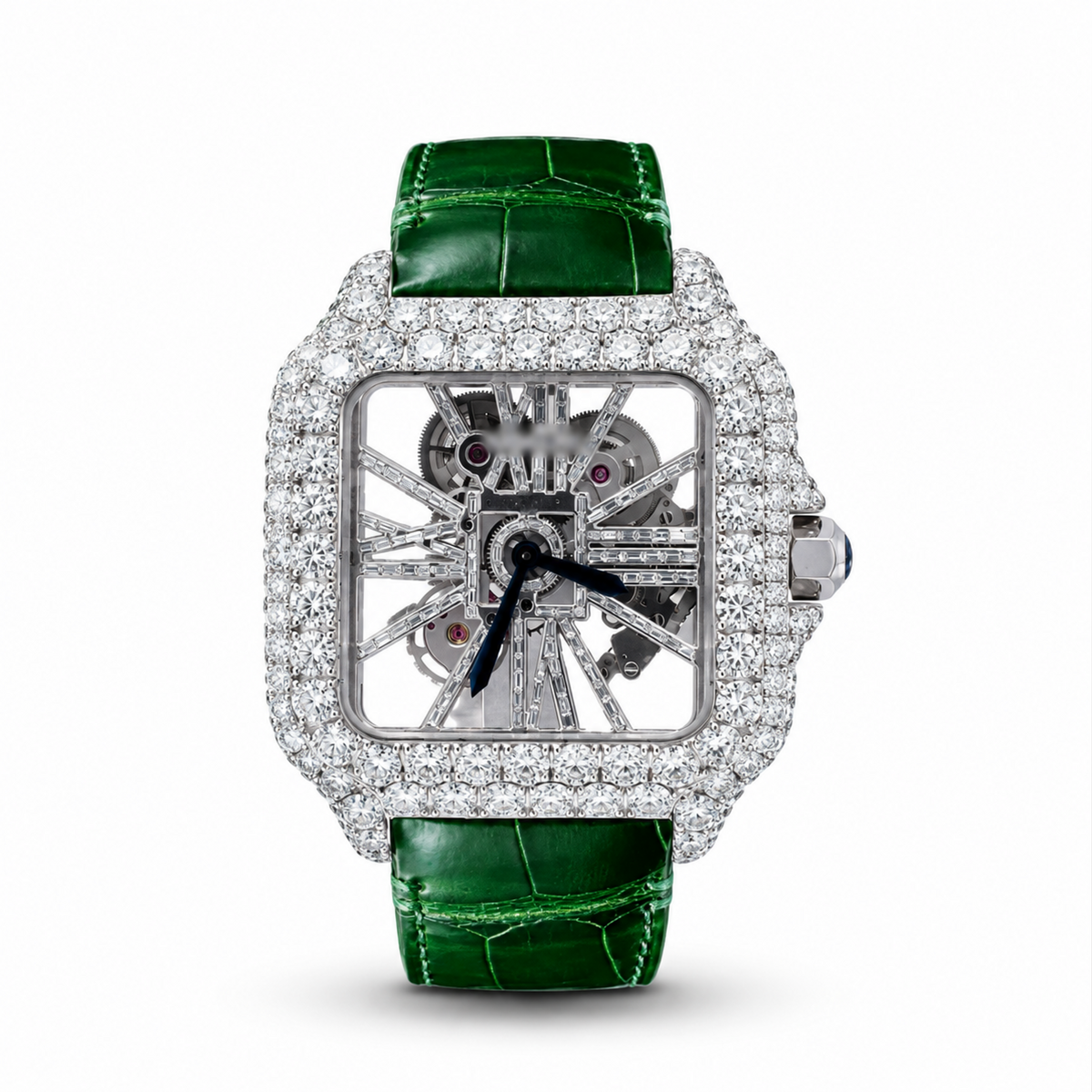 Skeleton Moissanite Watch Green Leather Strap