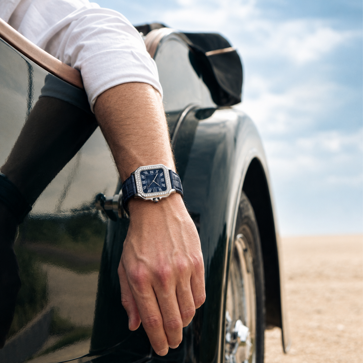 Blue Dial Leather Strap Moissanite Watch