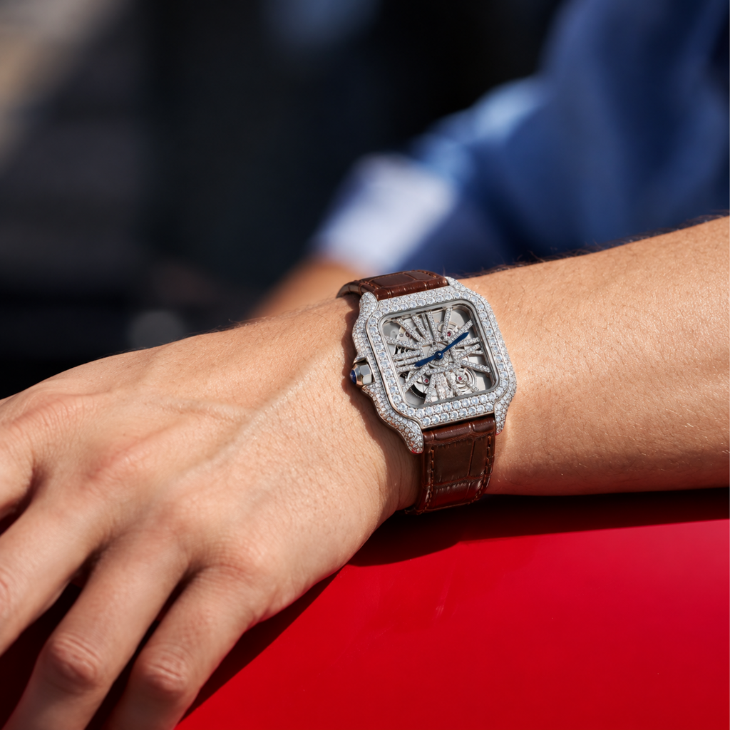 Skeleton Leather Strap Moissanite Watch