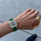 Skeleton Moissanite Watch Green Leather Strap